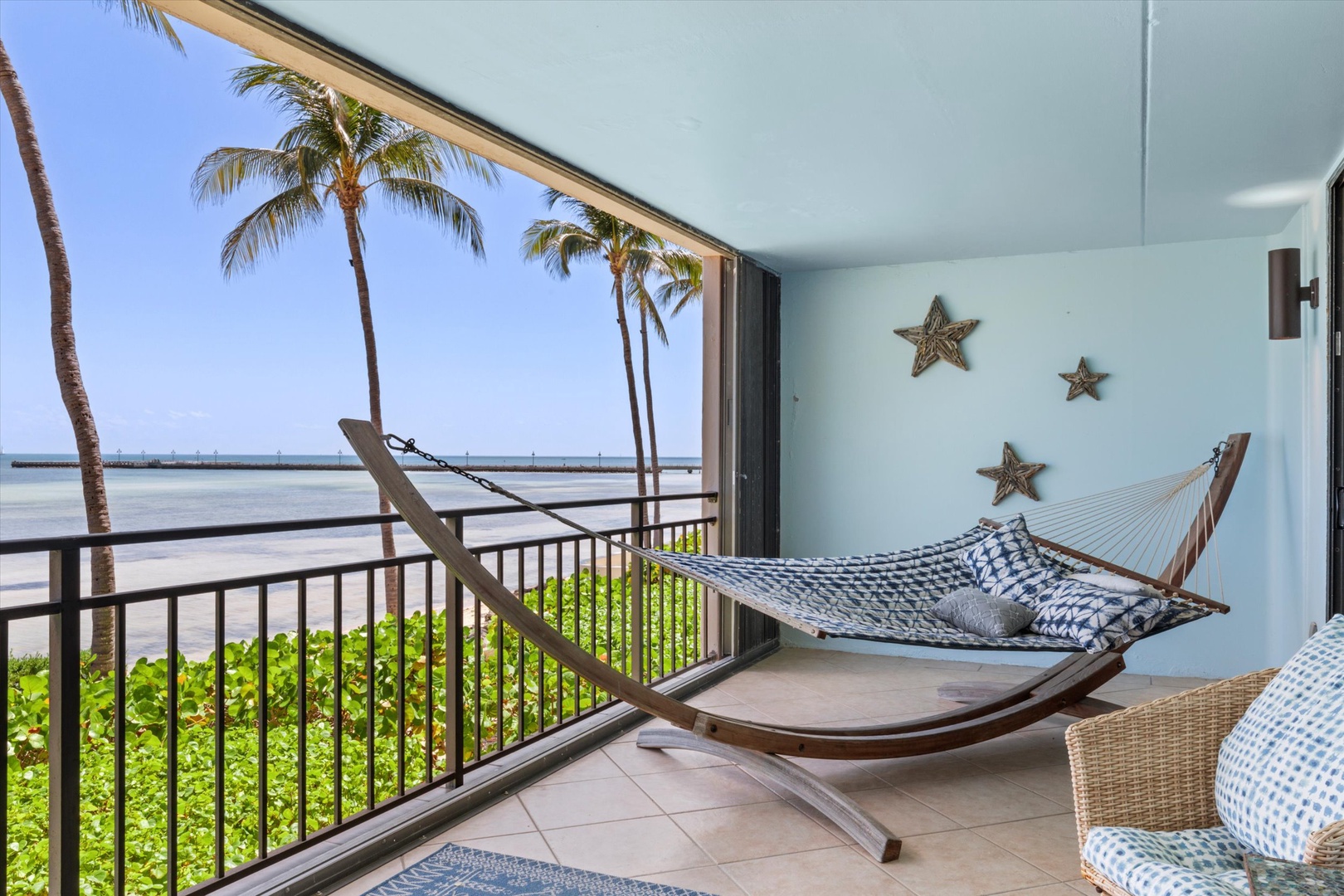 Oceanfront balcony with seating