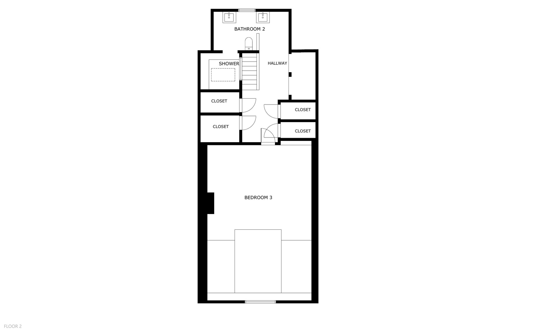 The upper level features a spacious third bedroom, an en-suite bathroom with dual sinks and shower, plus ample closet storage throughout the hallway.