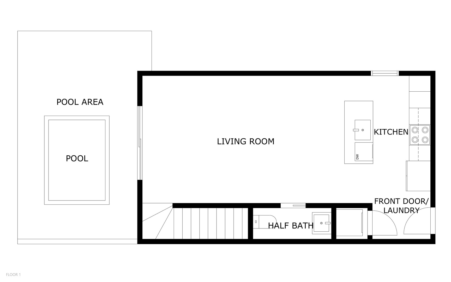 The floor plan shows the layout with a spacious living room, full kitchen, and dedicated pool area with direct access from your main living space.