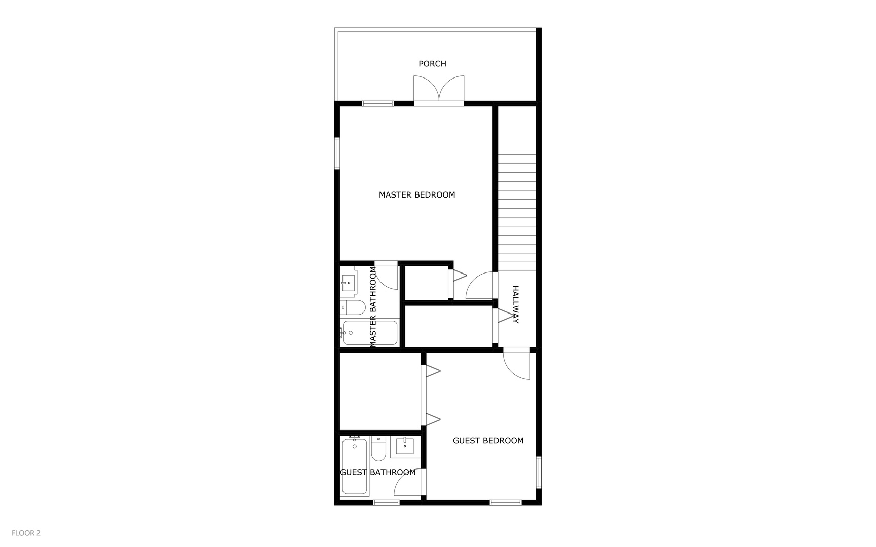Floor 2 layout shows two bedrooms, two bathrooms, a hallway, and a charming front porch—thoughtfully designed for comfort and convenience.