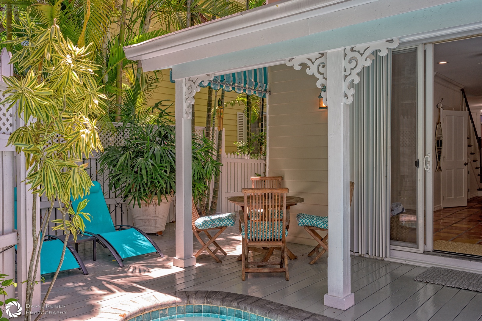 Covered private patio with seating