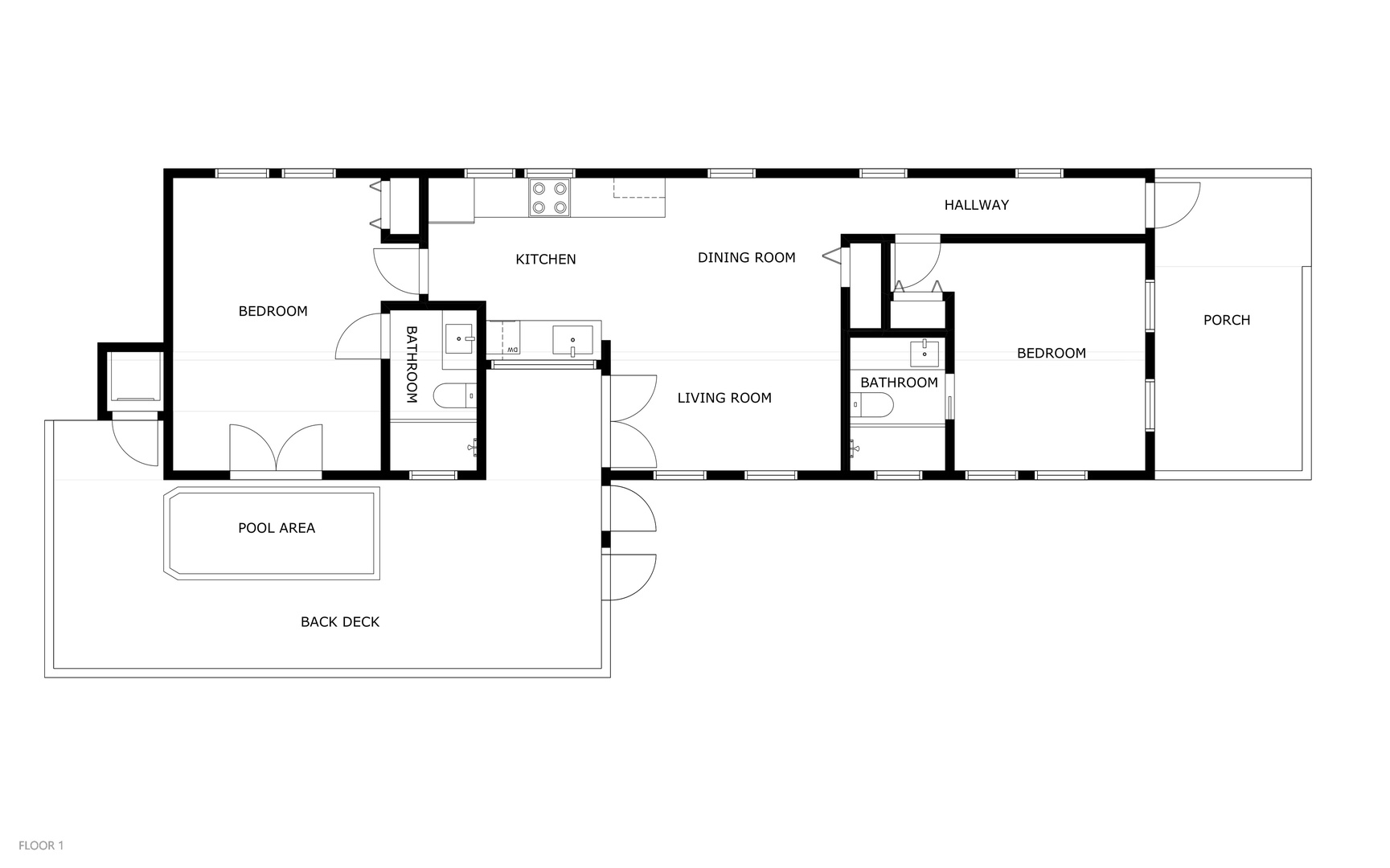 Property layout showing two bedrooms, full kitchen, living and dining areas, bathroom, pool area, and porch—everything you need for a comfortable stay.