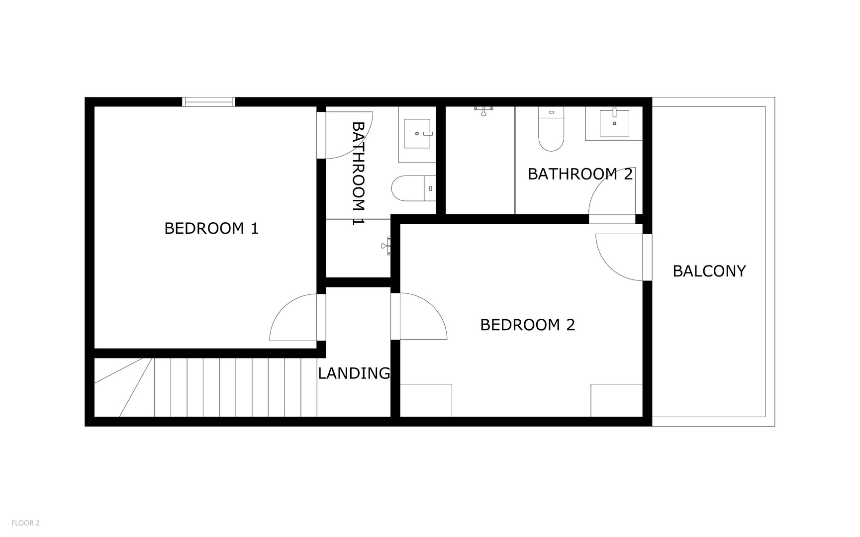 Floor plan of the upper level showing two bedrooms, two bathrooms, a landing, and a private balcony.