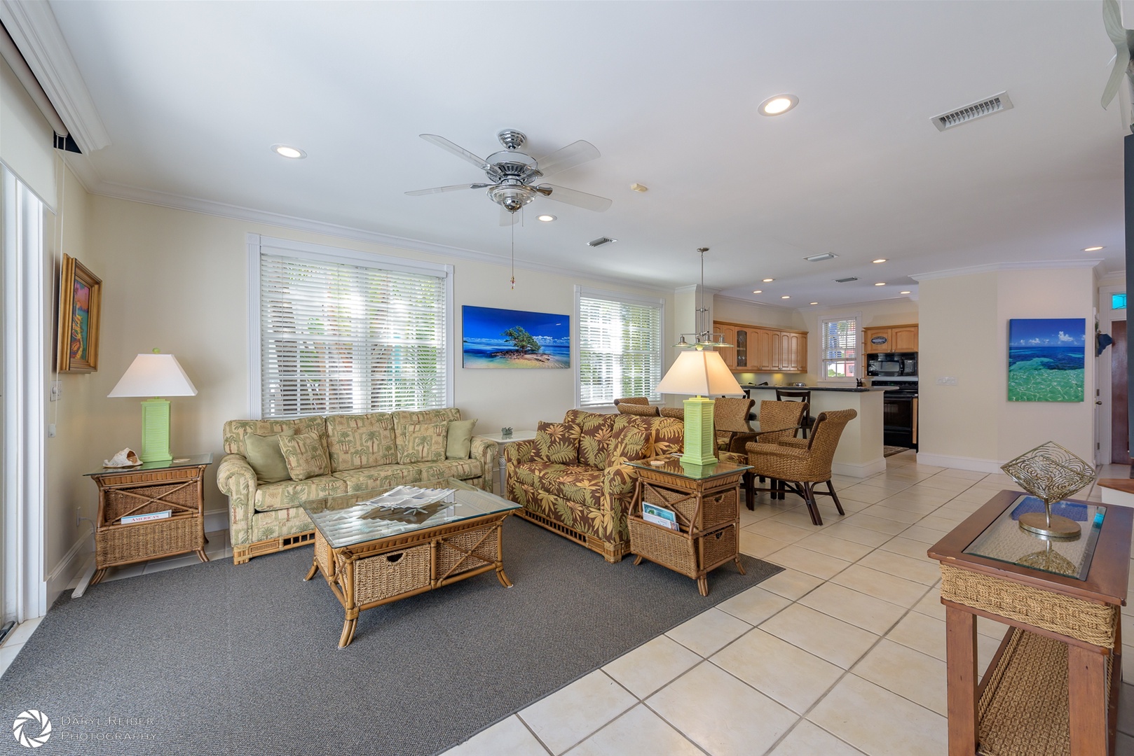 Full view of living room, dining area and kitchen