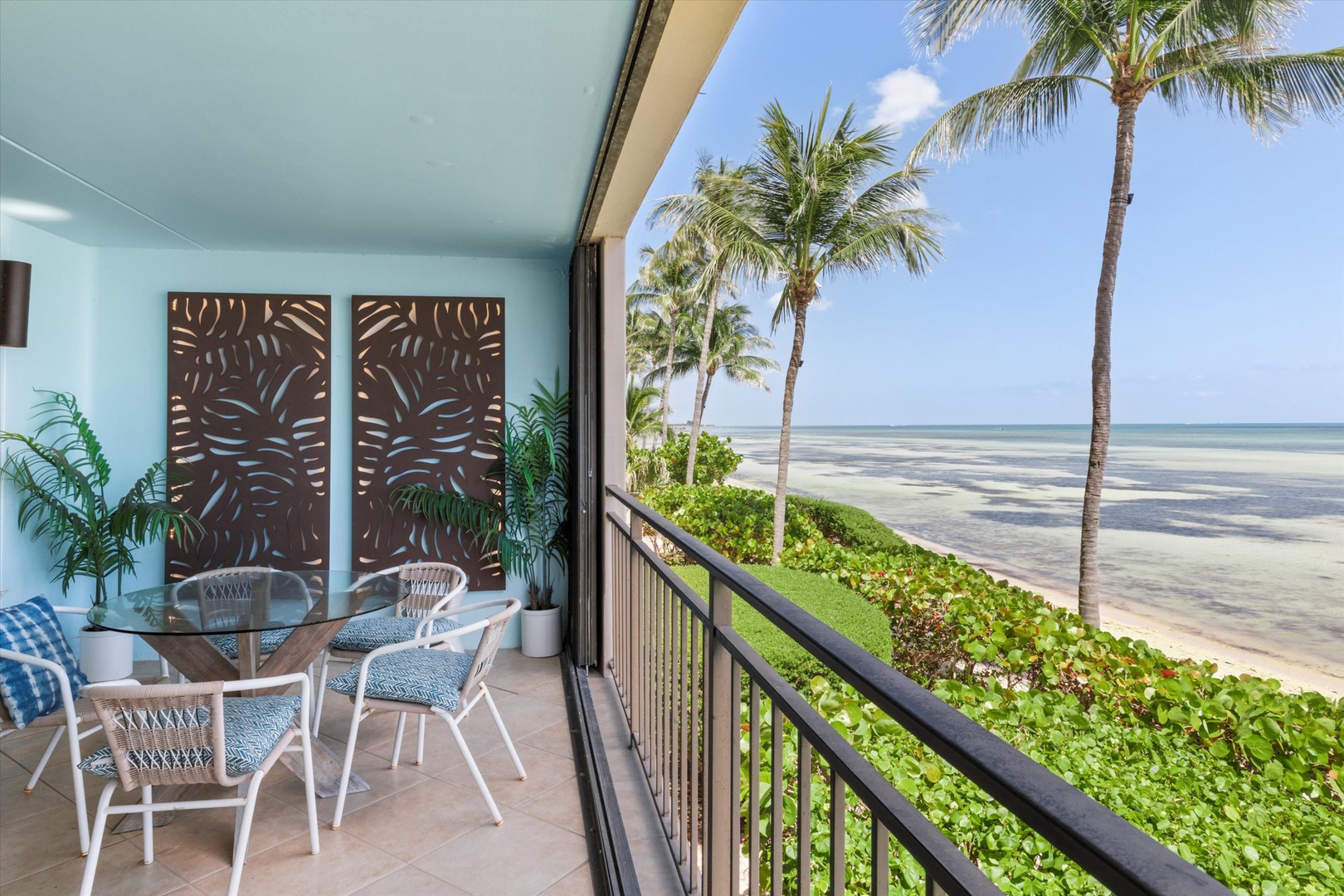 Oceanfront balcony with seating