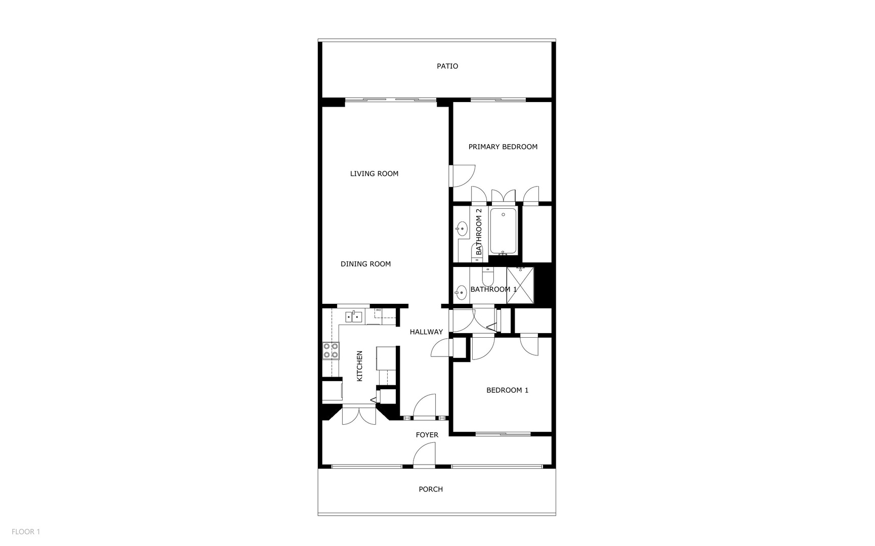 A well-designed two-bedroom layout with an open-concept living and dining area, plus a private patio for outdoor relaxation.