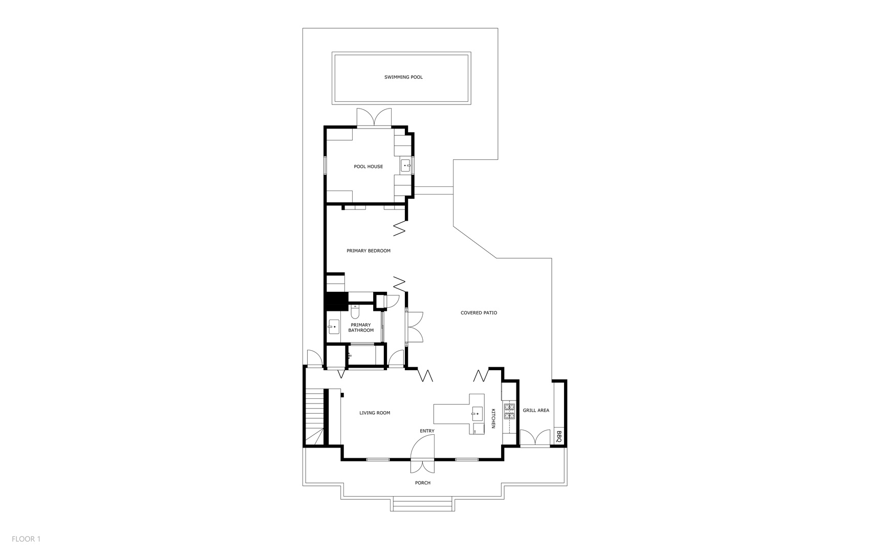 Layout of the property showing a primary bedroom with pool access, covered patio, grill area, and open living spaces.