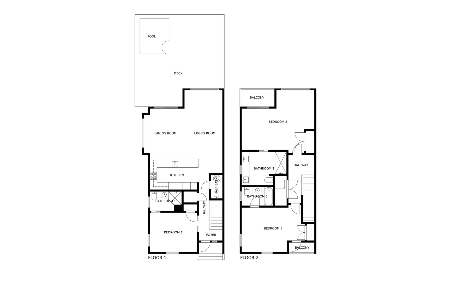 Architectural floor plan showing a two-story vacation rental with three bedrooms, two bathrooms, open living and dining areas, full kitchen, deck with pool access, and private balconies.