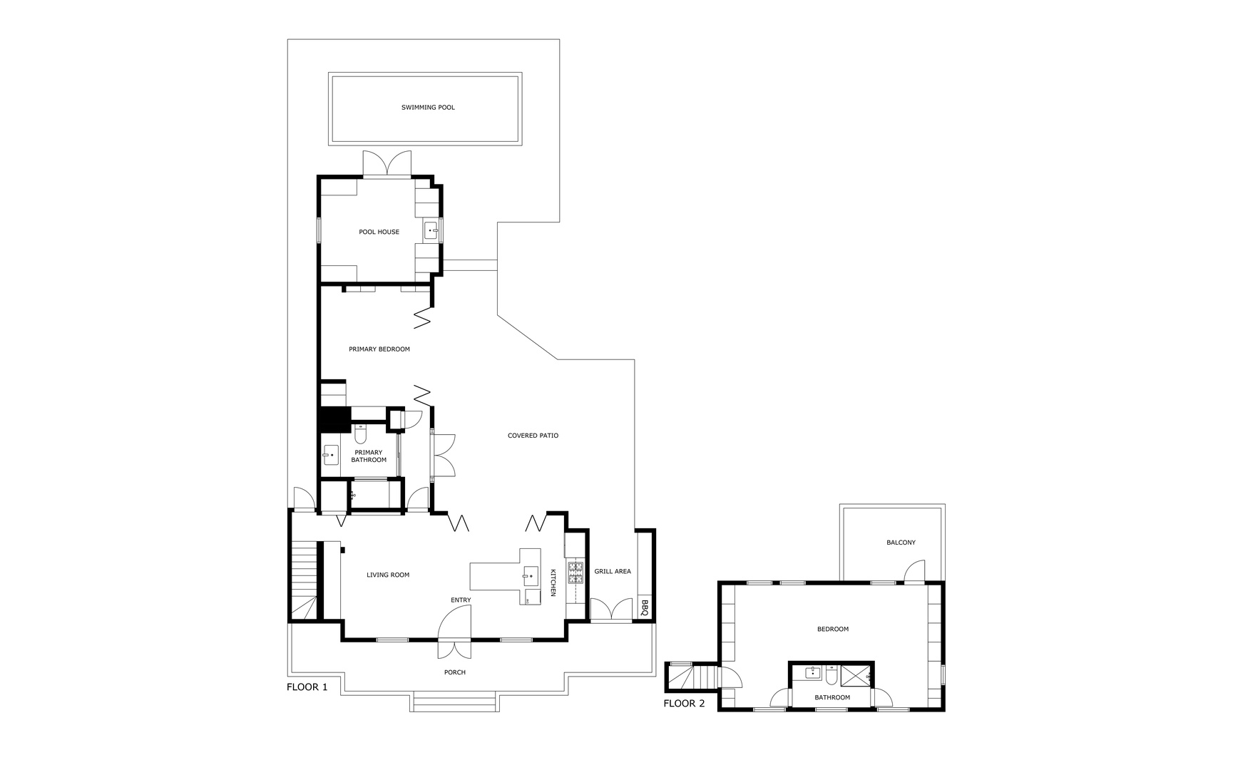 A two-floor layout showcasing a primary bedroom with pool house access, private patio, covered patio, and a separate upstairs bedroom with balcony—offering flexible space for you and your guests.