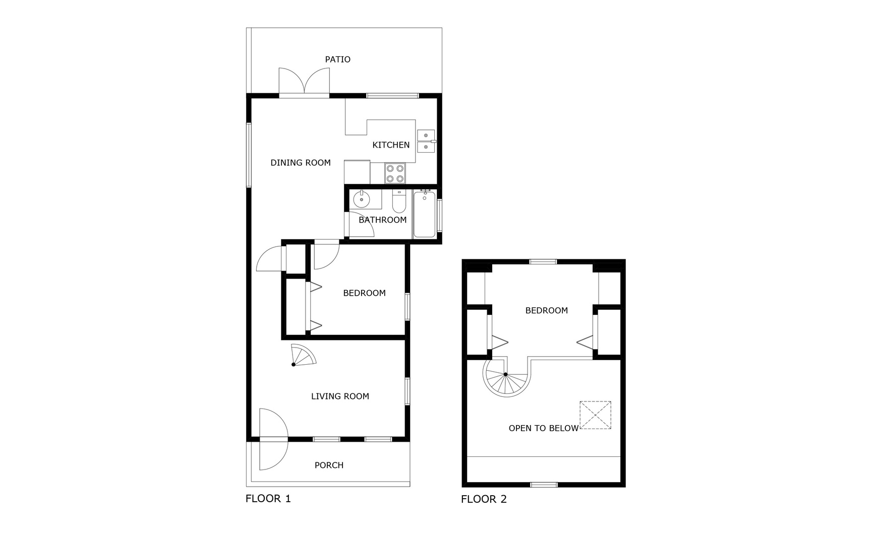 A thoughtfully designed two-story floor plan showing comfortable living spaces including a patio, multiple bedrooms, full kitchen, and open layout—perfect for your relaxing getaway.