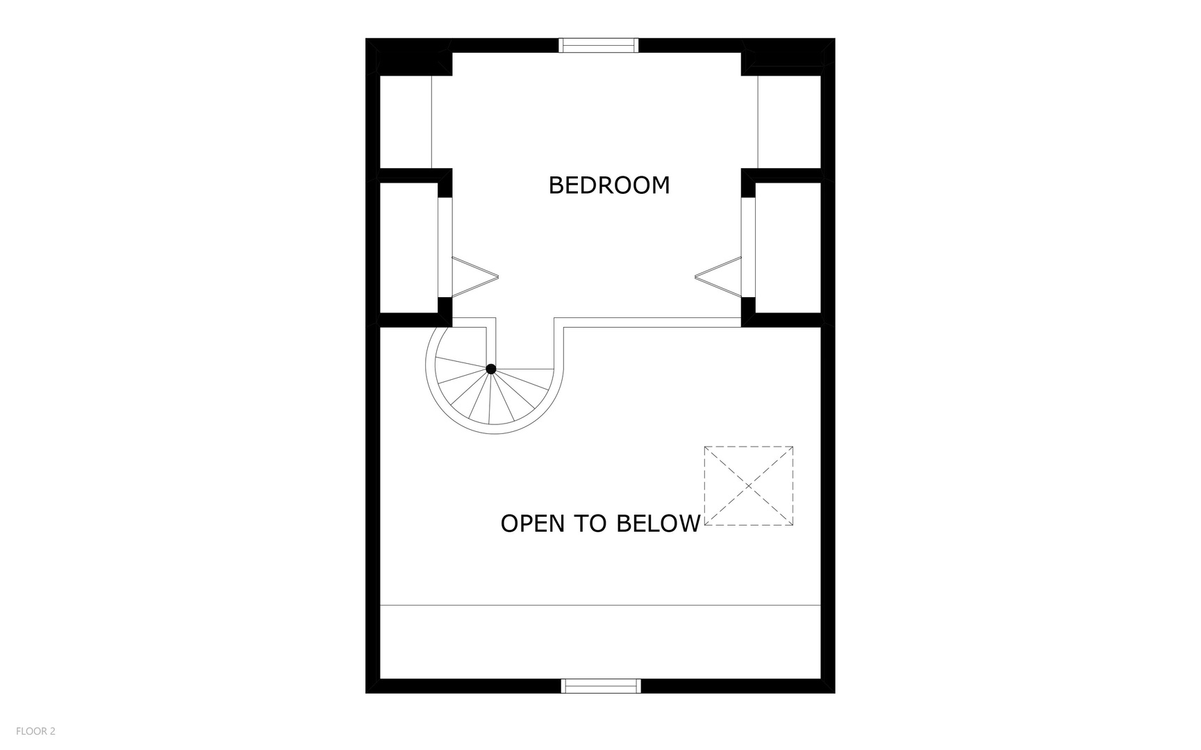 Floor 2 layout showing a spacious bedroom with dual closets and an open area overlooking the level below.