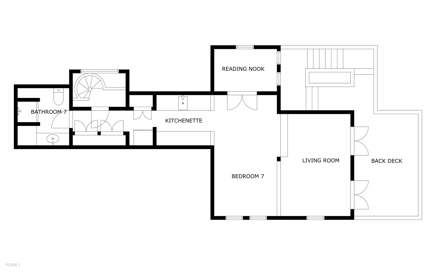 Floor plan showcasing a thoughtfully designed layout with a spacious bedroom, inviting living area, kitchenette, private bathroom, cozy reading nook, and back deck—perfect for comfortable, relaxed living.