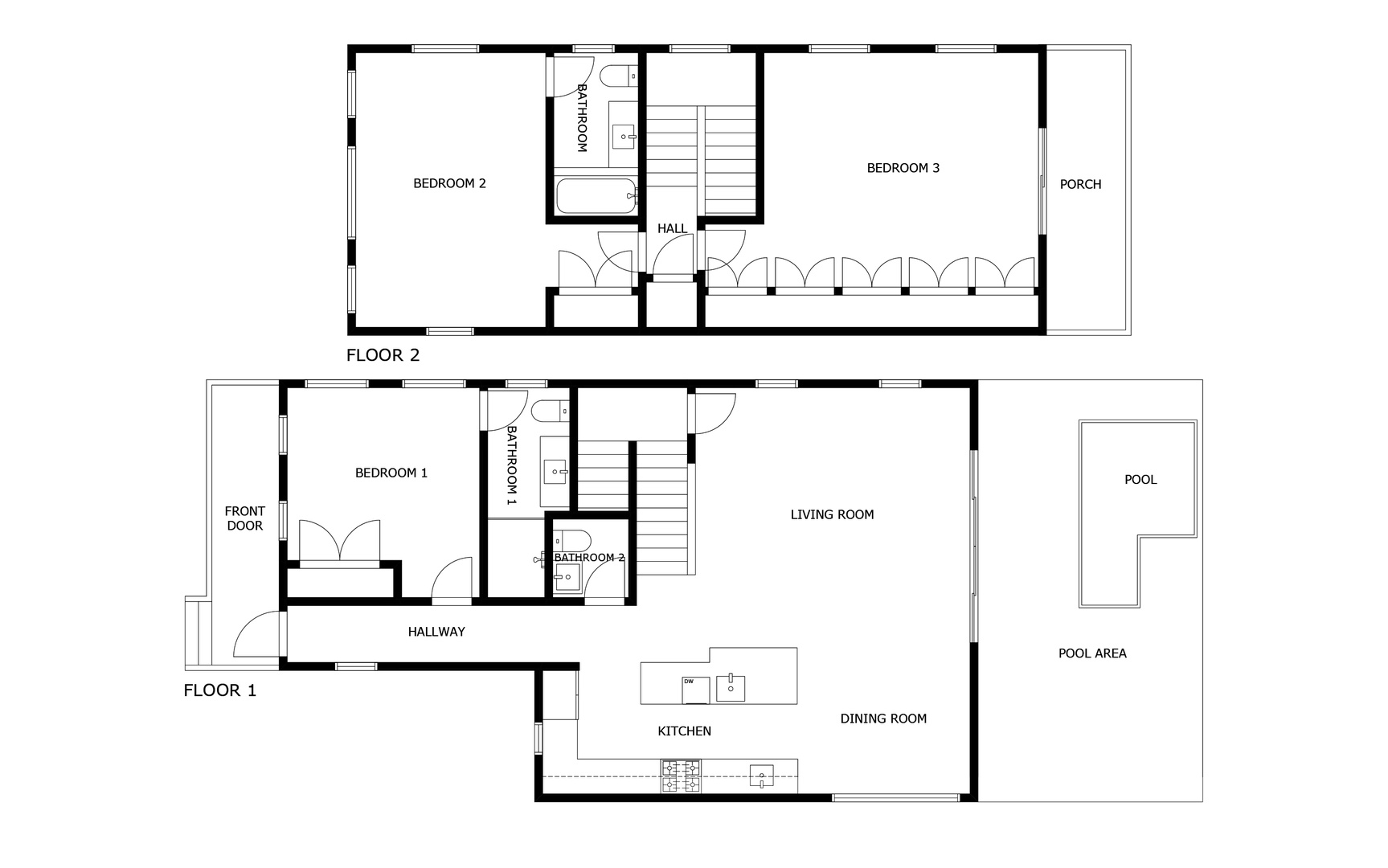 A detailed layout showing the home's two floors and pool area. The main level features an open living and dining space with kitchen, while the upper floor houses three bedrooms.