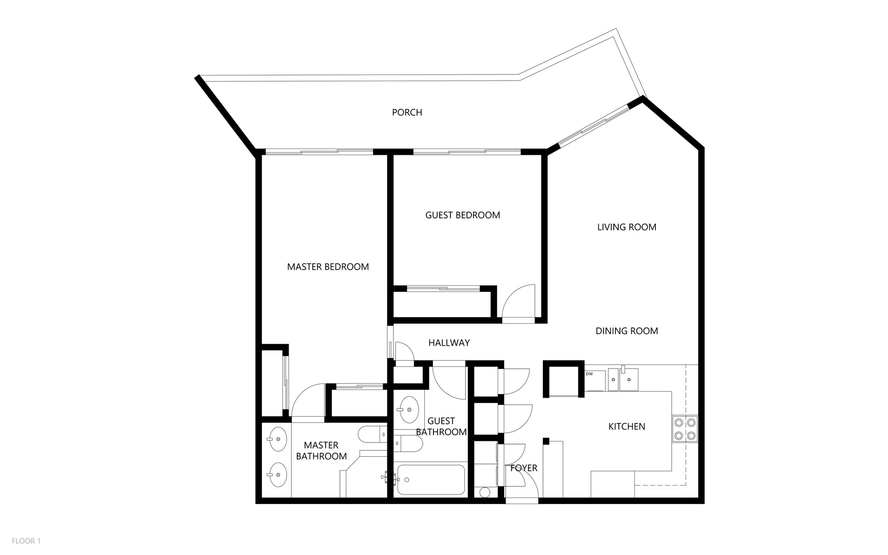 The rental's thoughtfully designed layout includes a master bedroom, guest bedroom, open-concept living and dining rooms, full kitchen, and two bathrooms—all wrapped by an inviting front porch.