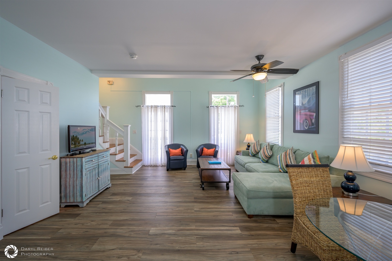 Full View of Living Room from Kitchen and Dining Area