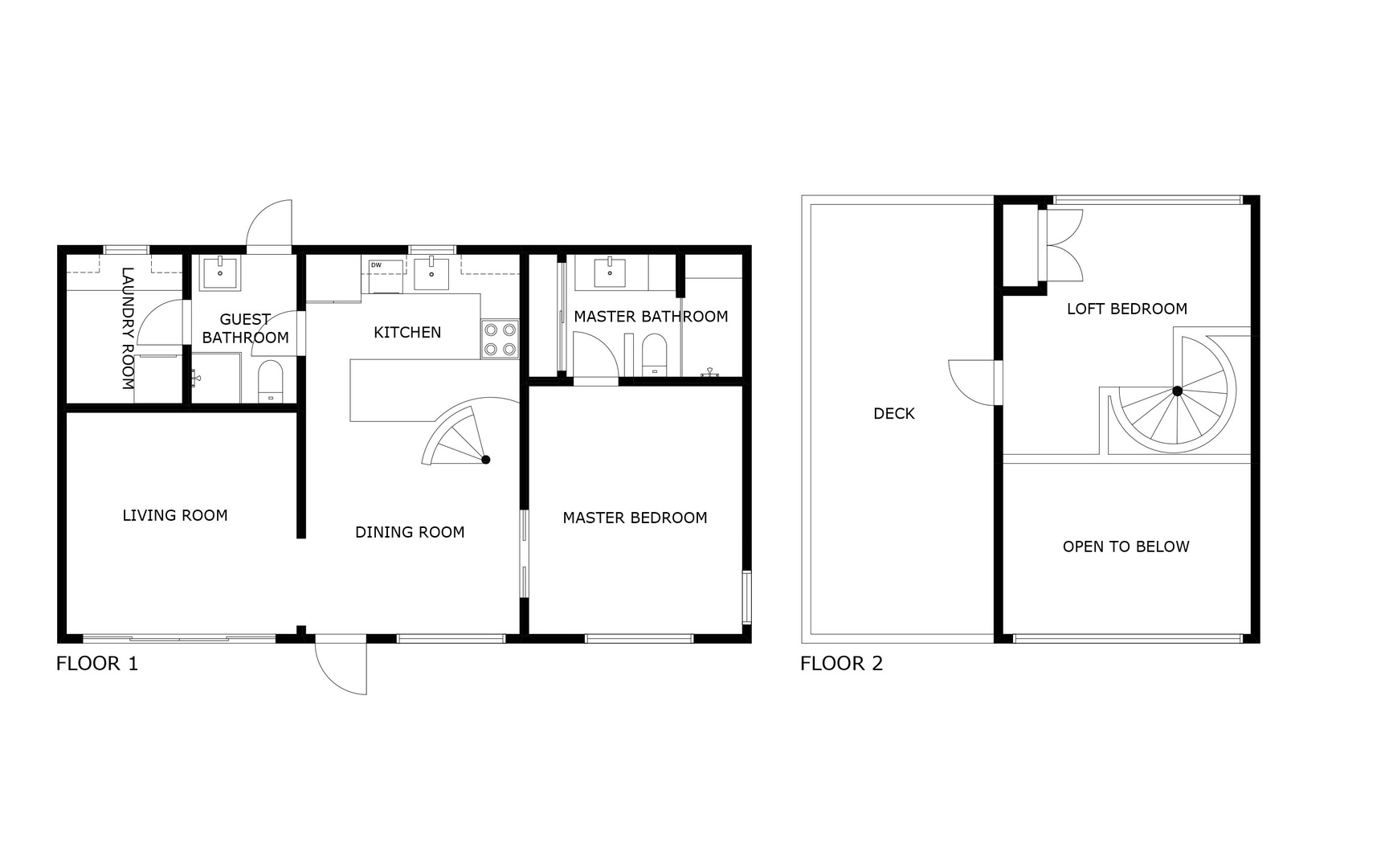 A two-story floor plan showing your spacious layout: main level with open living, dining, and kitchen, plus master suite and guest bath; loft bedroom upstairs with deck access.
