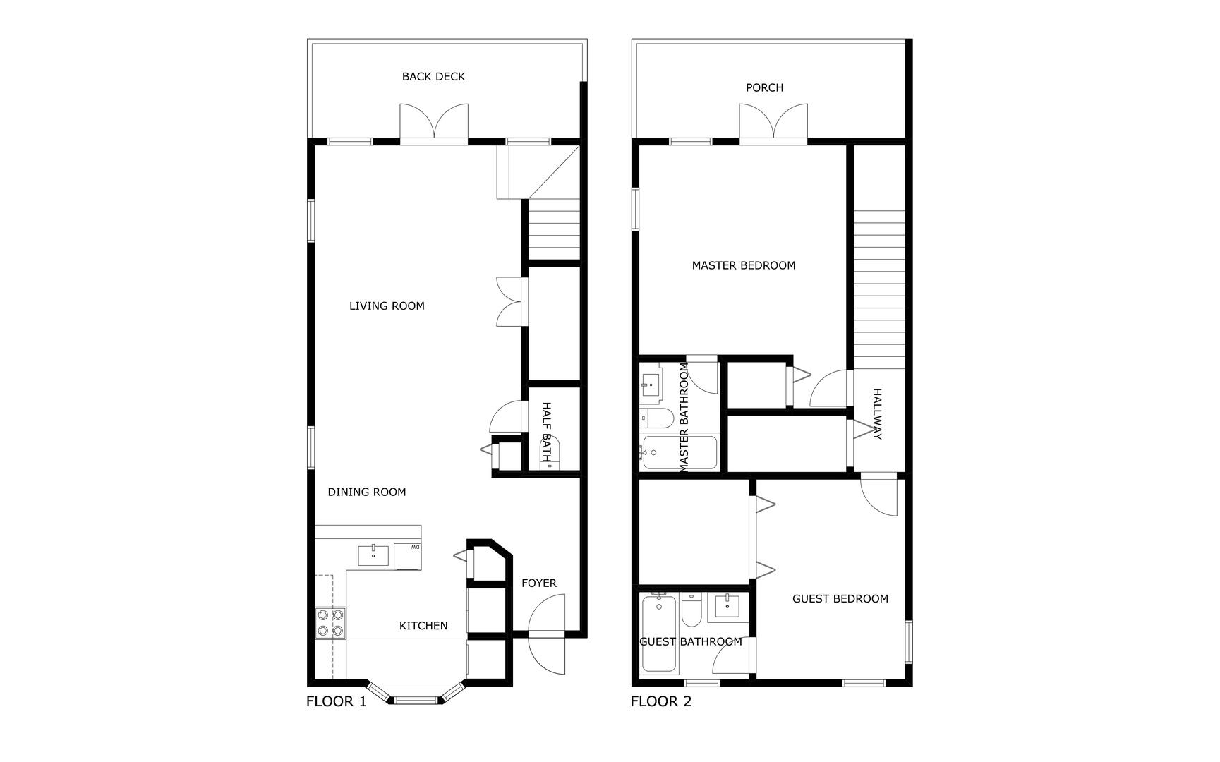 This two-story layout offers separate living and sleeping floors. Your main floor features an open living and dining area with deck access, while upstairs you'll find private bedrooms and bathrooms.