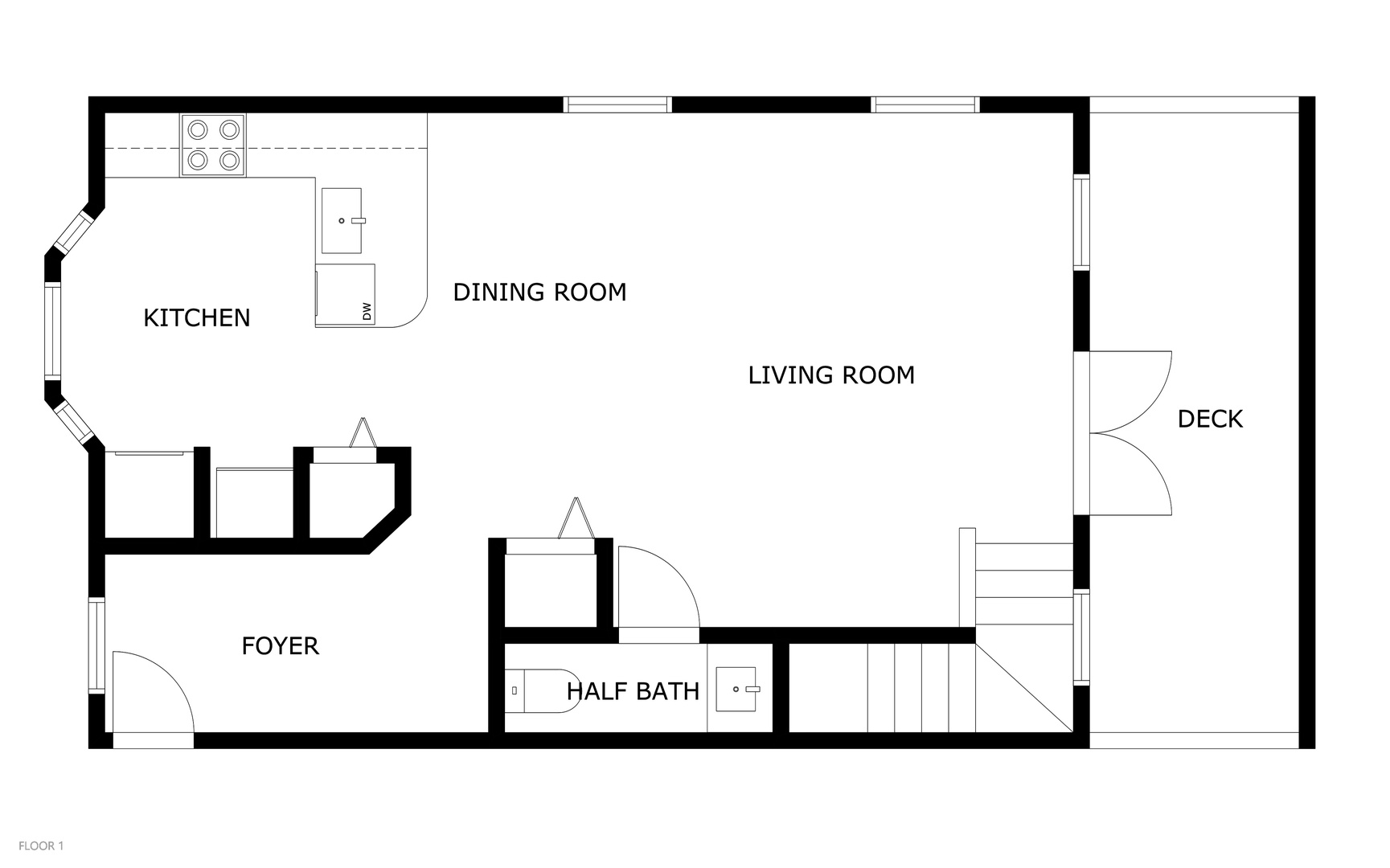 A well-designed layout showcasing the main floor, featuring an open-plan kitchen and dining area flowing into the living room, with convenient access to a private deck.