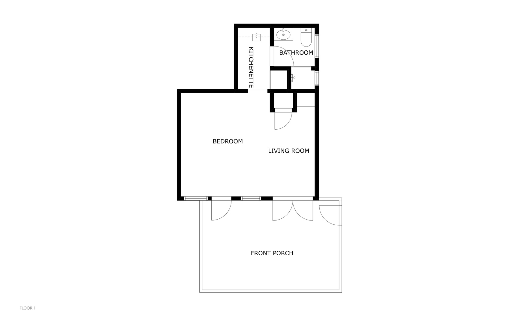 This floor plan shows a spacious layout with a combined bedroom and living room, a kitchenette, full bathroom, and inviting front porch for your morning coffee.
