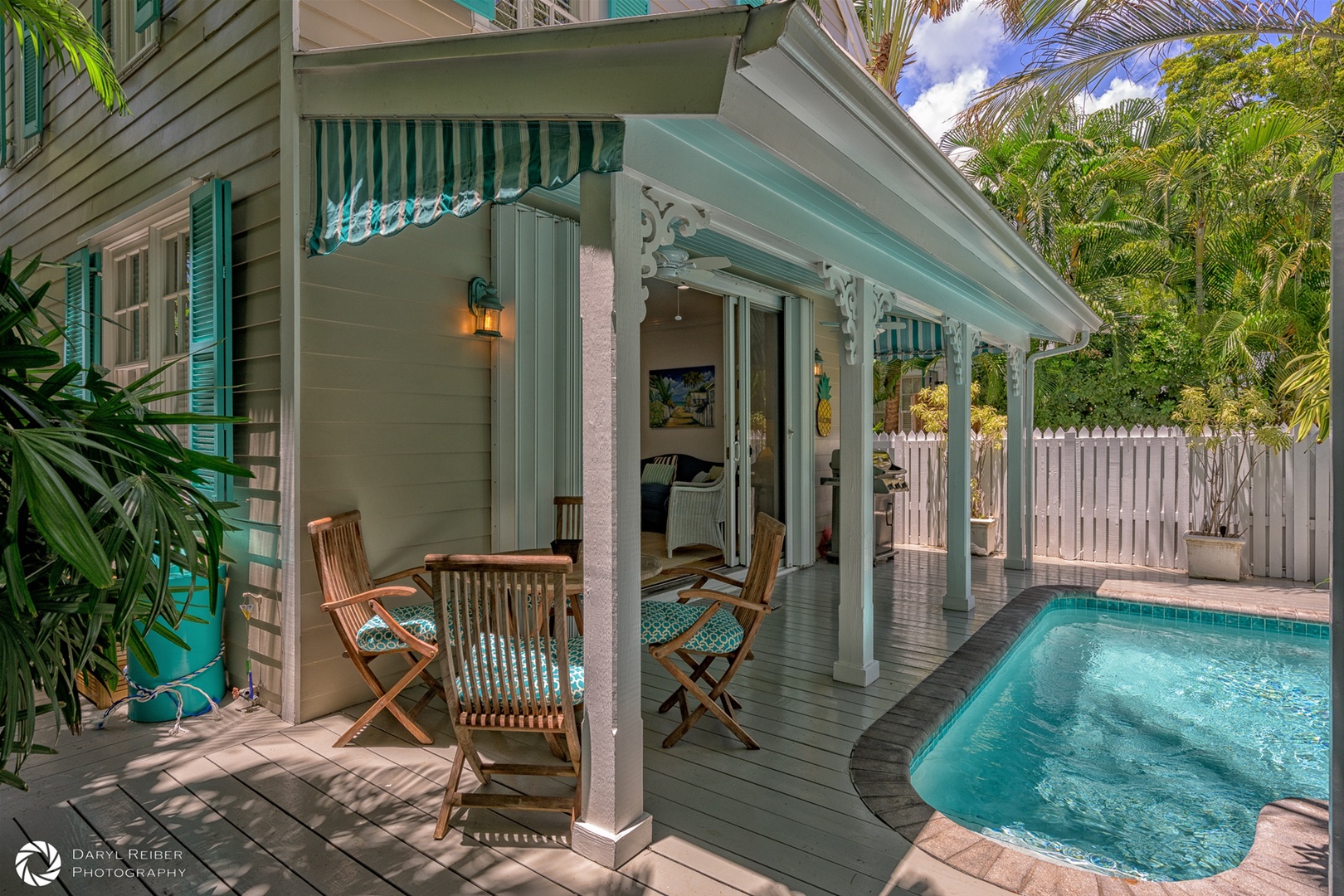 Covered private patio with seating