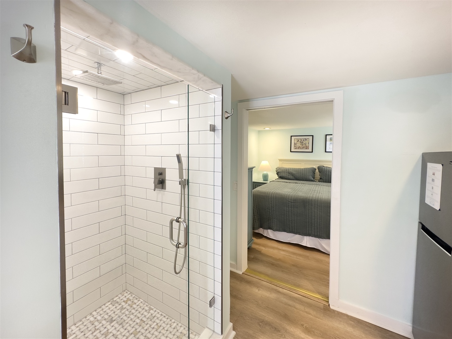 Shower and view into Bedroom