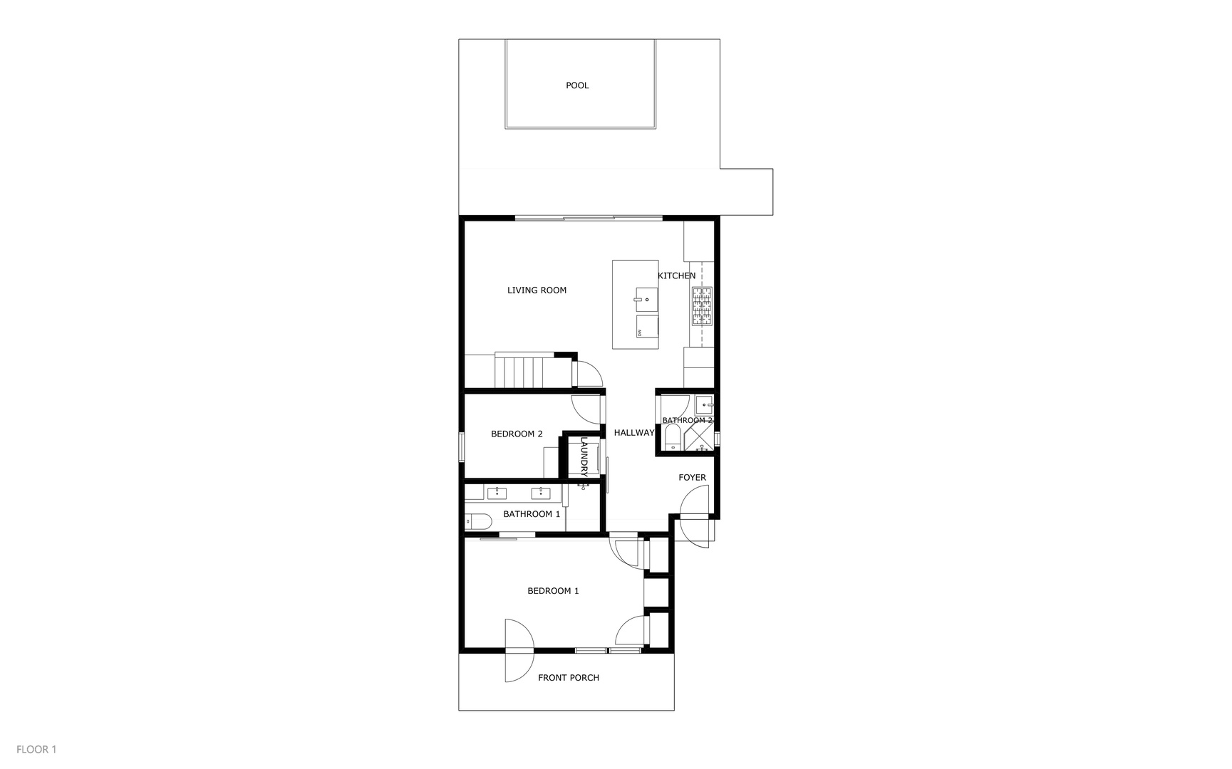 This floor plan maps out your vacation home's main level featuring two bedrooms, a bright living room, a fully equipped kitchen, and a private swimming pool tucked in your backyard.