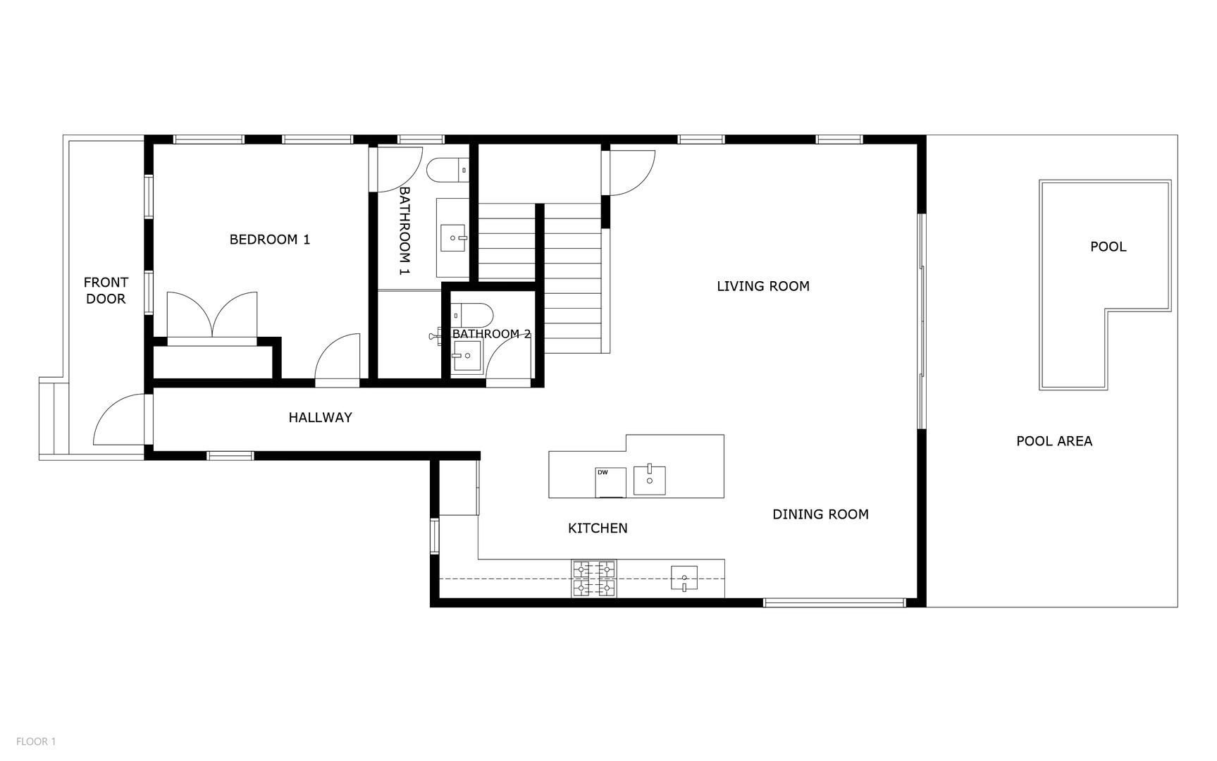 This is the main floor layout diagram, showing the open-plan living and dining area, a full kitchen, a spacious bedroom with two bathrooms, and outdoor pool access—giving you a clear sense of the space before you arrive.