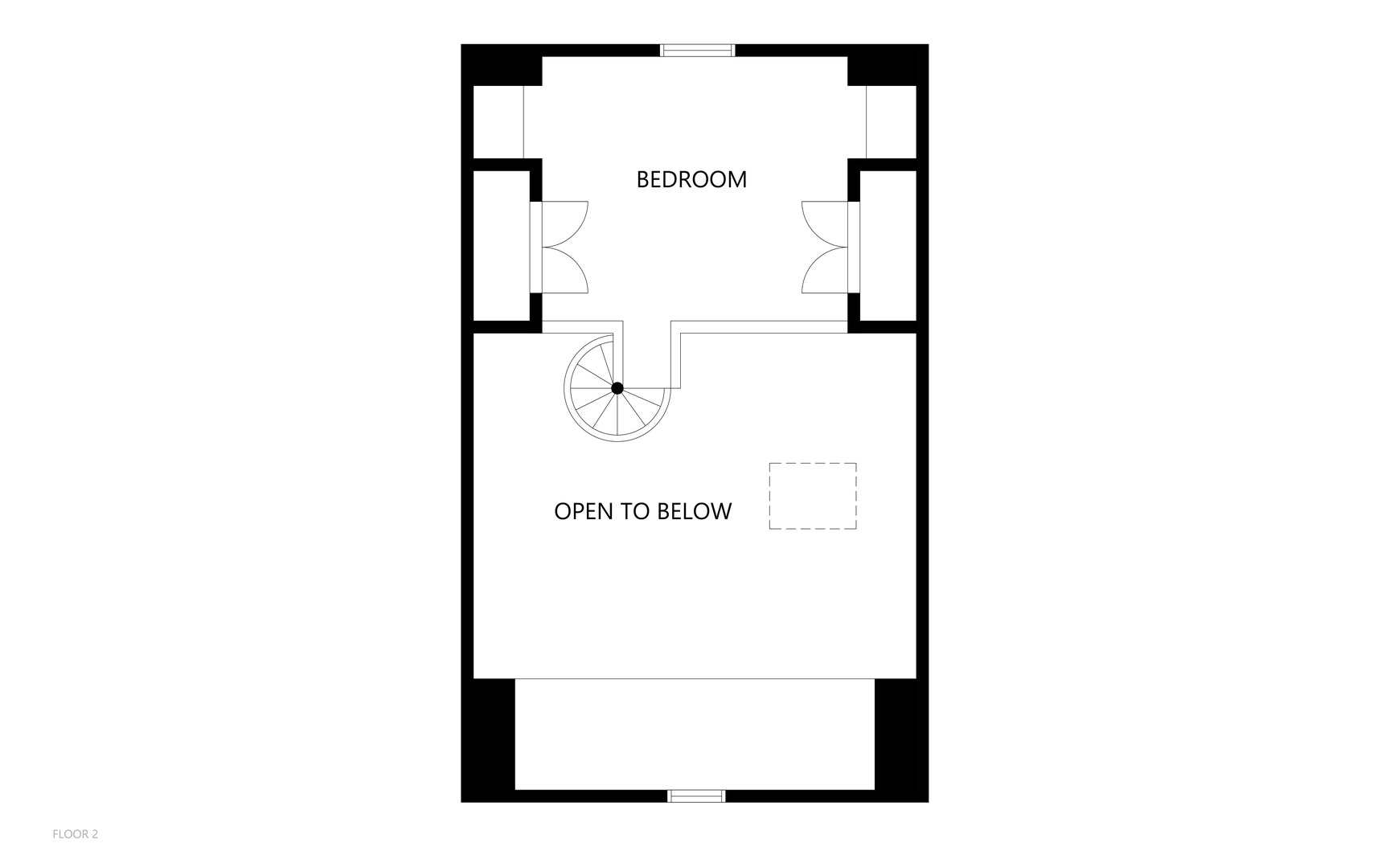 Floor plan showing a lofted bedroom with spiral staircase and open balcony overlooking the space below.