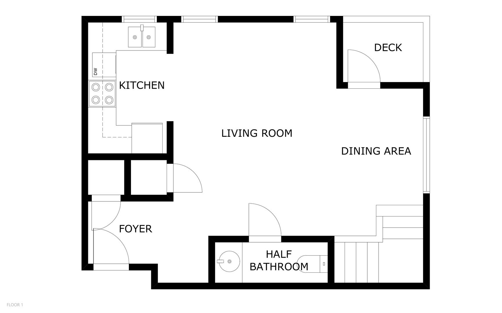 This floor plan shows an open living and dining area with a deck, full kitchen with modern appliances, and convenient half bathroom—designed to make your stay comfortable.