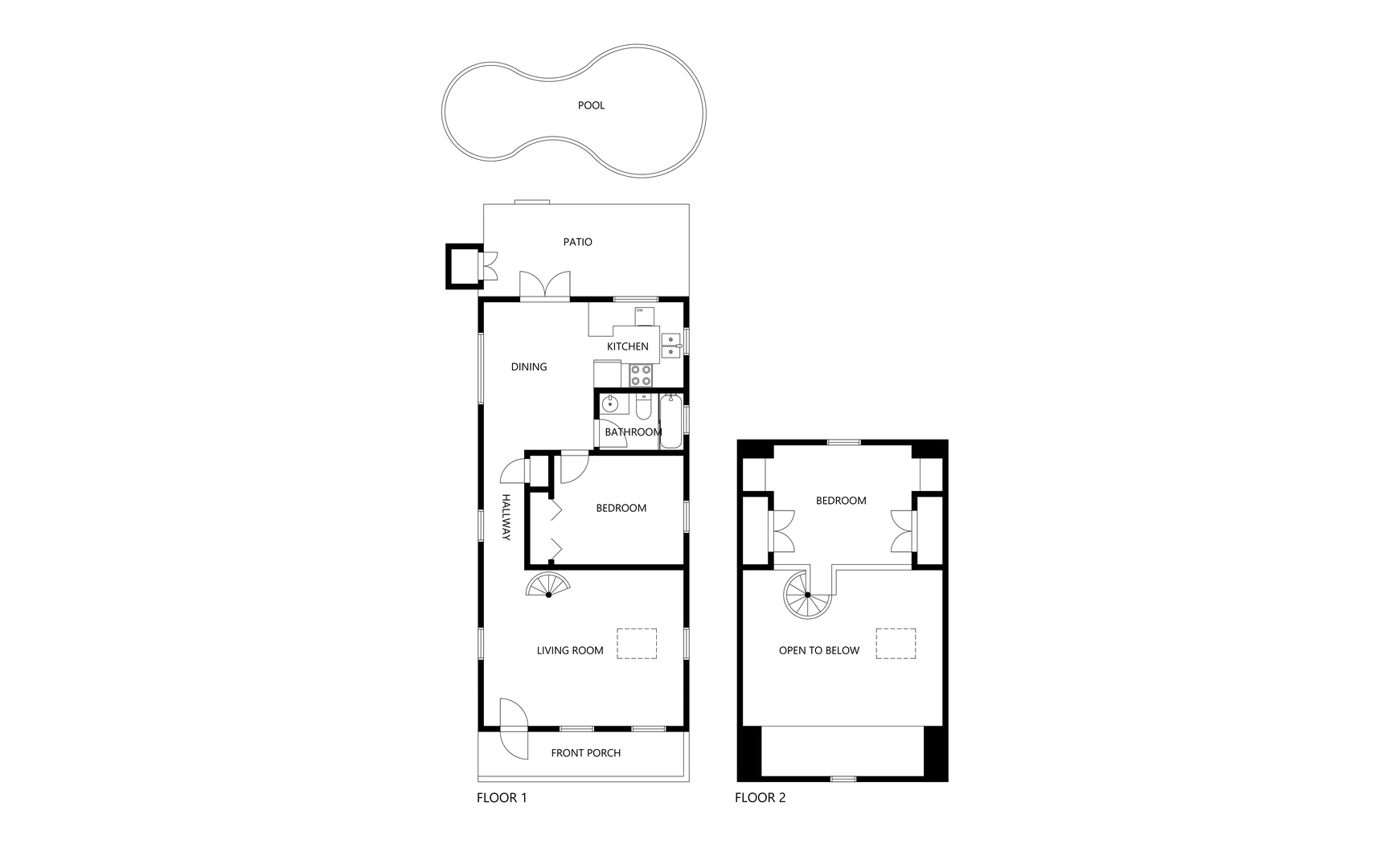 This property features a two-floor layout with a private pool, patio, two bedrooms, a full kitchen, and open-concept living and dining areas—a thoughtfully designed space for your getaway.