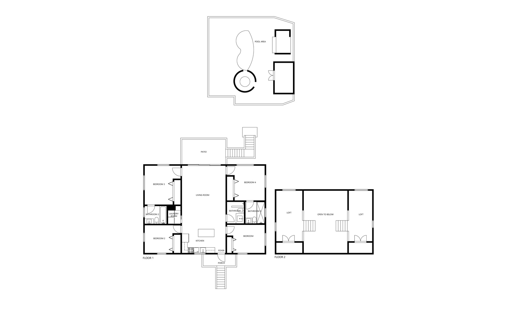 The floor plan shows the full layout of your rental, with bedrooms, bathrooms, living room, kitchen, and a loft space spread across multiple levels and an outdoor area.