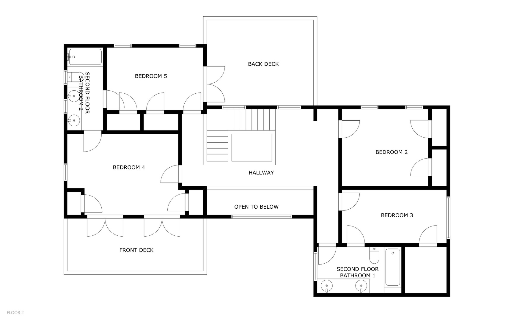 Second-floor layout featuring five spacious bedrooms, a shared bathroom, and two inviting decks—perfect for morning coffee or evening relaxation with loved ones.