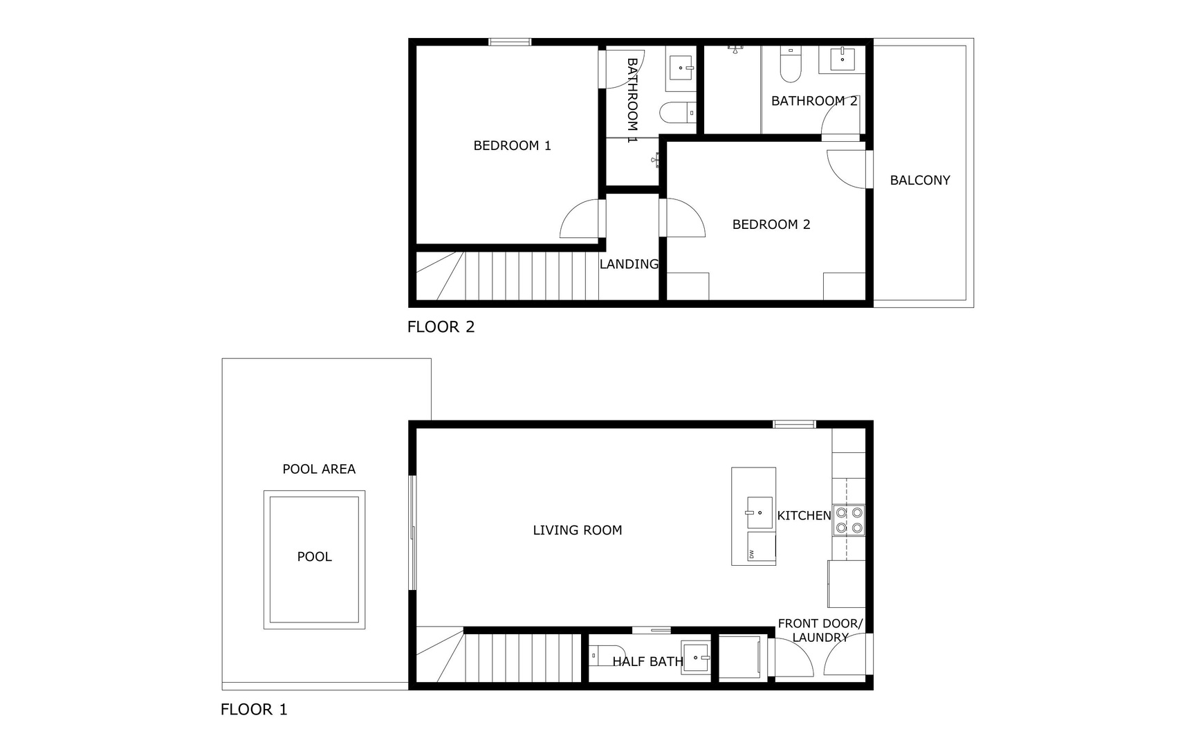 A two-story vacation home awaits you, with private pool, open-plan living, and two bedrooms upstairs, plus a balcony to catch the breeze.