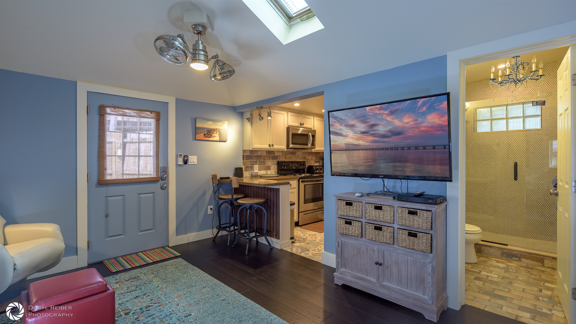 Entry door- view from living room into kitchen with breakfast bar