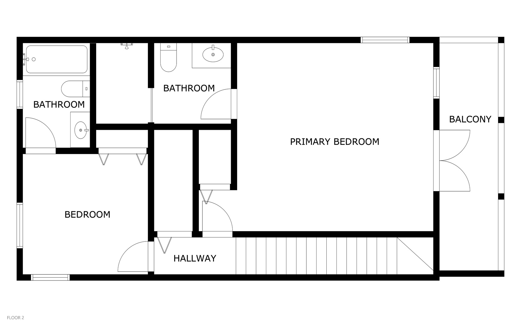 Floor plan of the upper level showing a primary bedroom with private balcony, an additional bedroom, two full bathrooms, and a central hallway—giving you a clear sense of the layout.