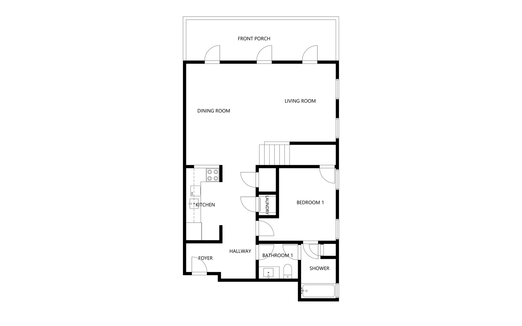 The property features a well-designed floor plan with a welcoming front porch, open living and dining areas, a full kitchen, and one bedroom with an attached bath and separate shower.