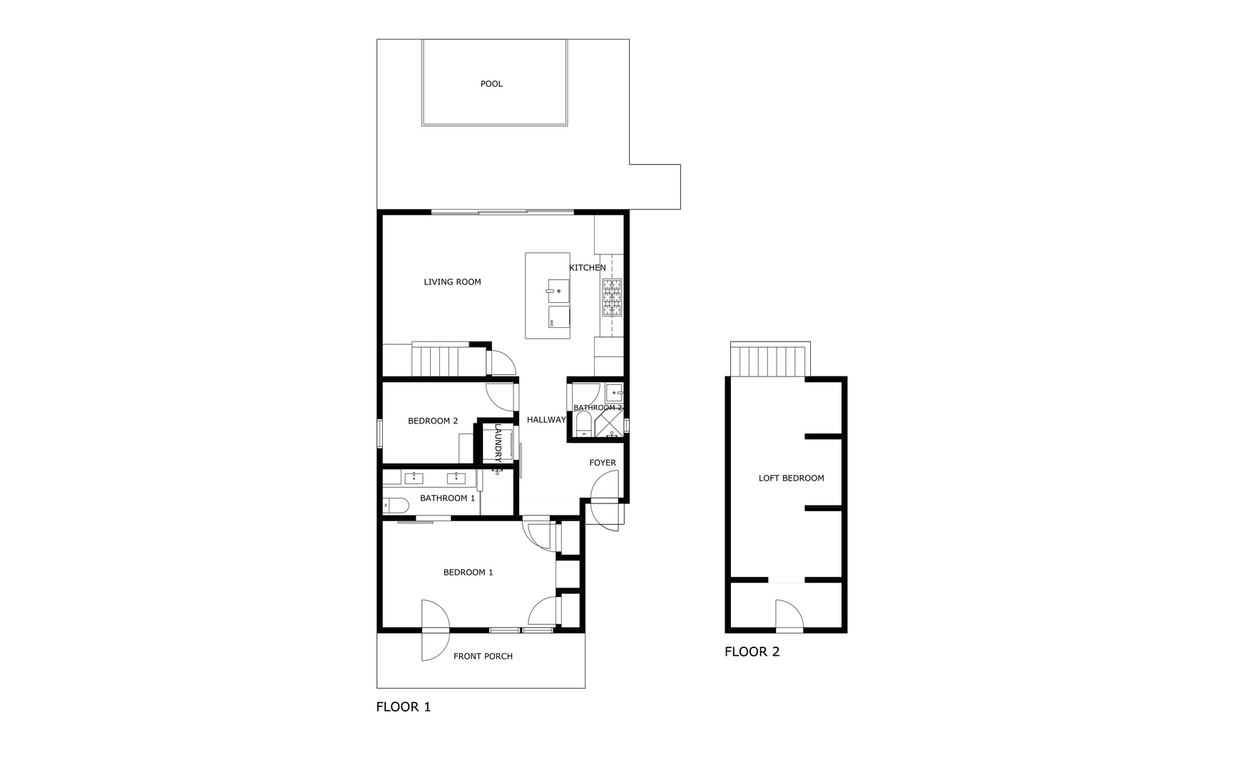 Here's your home's layout: two floors with three bedrooms, an open living and kitchen area, and direct pool access from the main level.