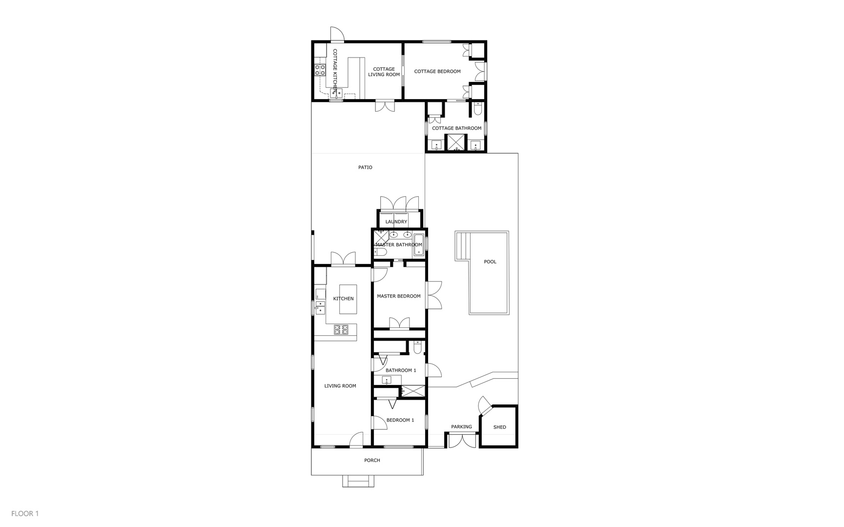 Floor plan showing the full property layout with three bedrooms, multiple bathrooms, living room, kitchen, and private pool with patio area.