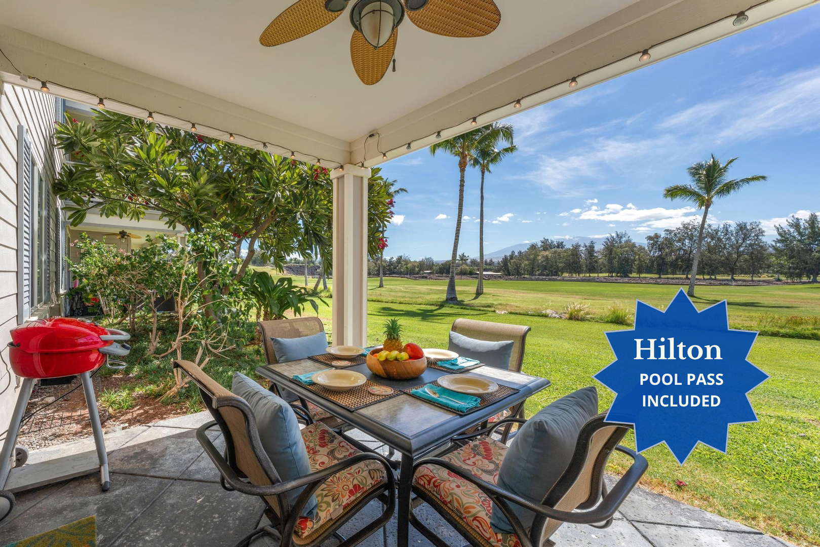 D4 Fairway Villas at Waikoloa Beach Resort.  Includes Hilton Waikoloa Pool Pass for 2026 and Waikoloa Kings Club Golf Discounts