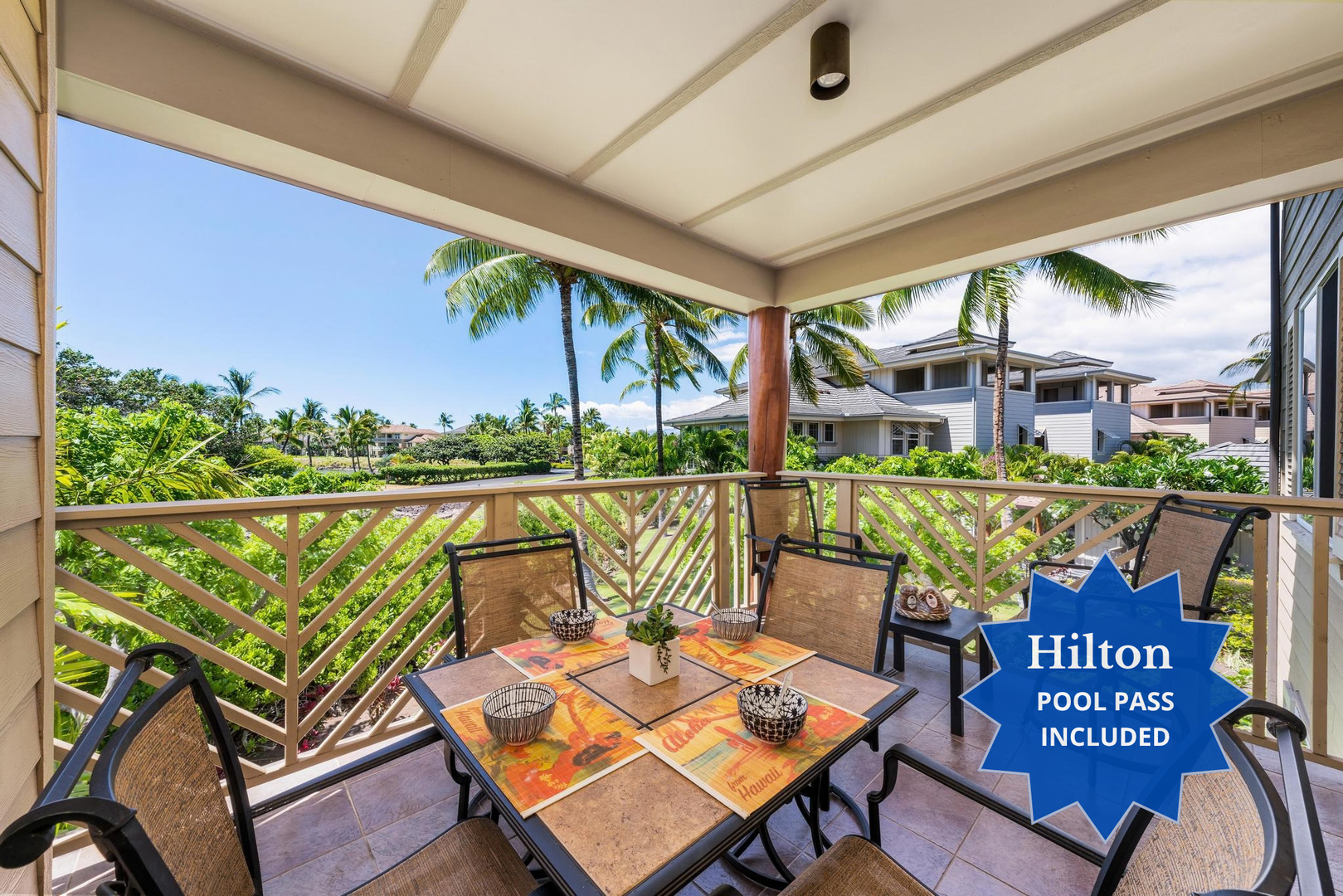 E23 Waikoloa Beach Villas.  Includes Hilton Pool Pass for 2026 and Waikoloa Kings Club Golf Discounts