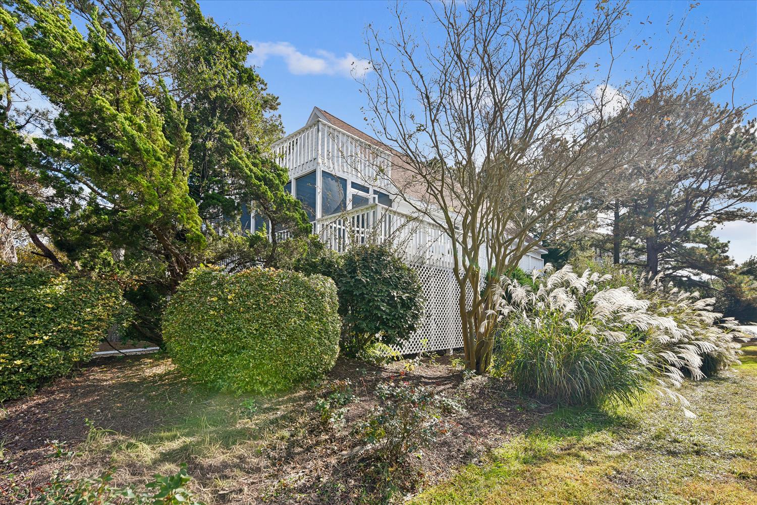 Charming coastal cottage surrounded by mature landscaping and native grasses in a peaceful seaside setting.