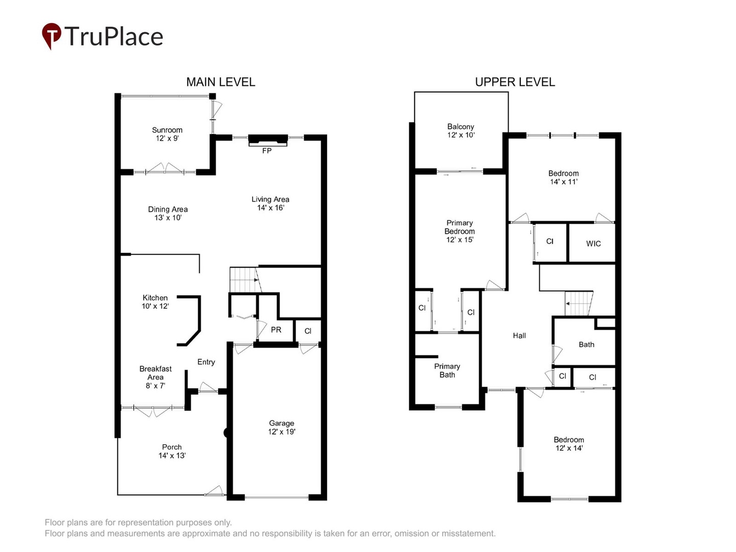 This floor plan layout spans two levels, showcasing an open living area with kitchen and dining spaces on the main level, plus three bedrooms and multiple bathrooms on the upper level.