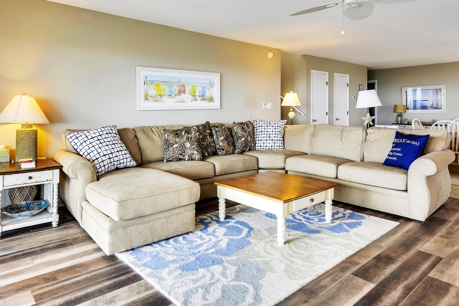 Sink into the plush sectional and relax in your spacious, sun-drenched living area—the perfect spot for unwinding after a day of adventure.