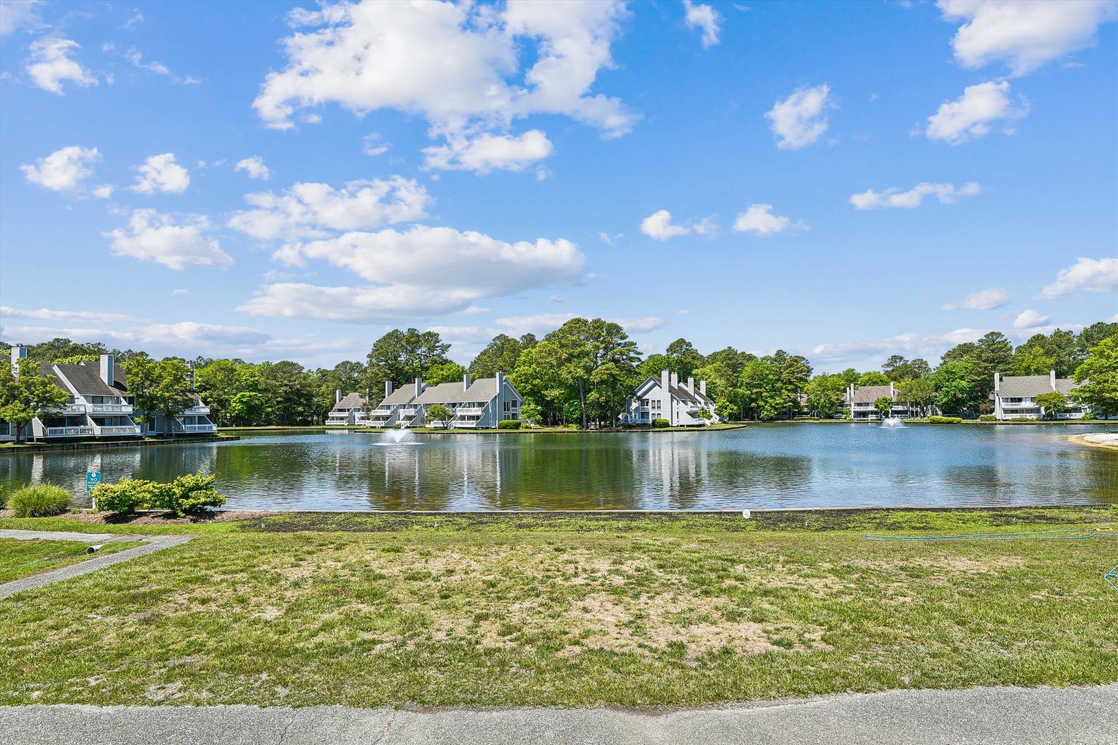 Peaceful lakeside community with waterfront homes nestled among mature trees under a bright blue sky with scattered white clouds.