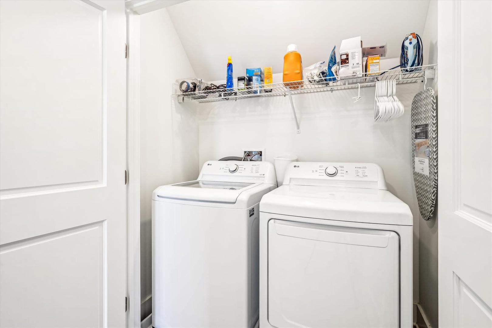 Keep your clothes fresh throughout your stay with your own in-home washer and dryer, complete with handy shelving for all your laundry essentials.