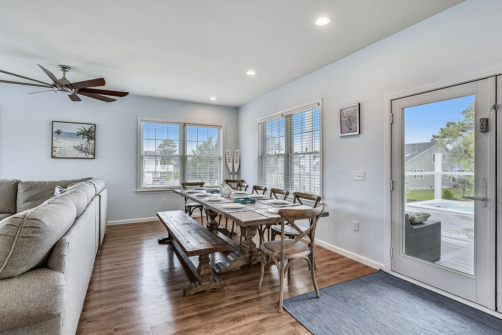 Gather around the spacious dining table for meals with your group, then step outside through the glass doors to continue the fun on your private patio.