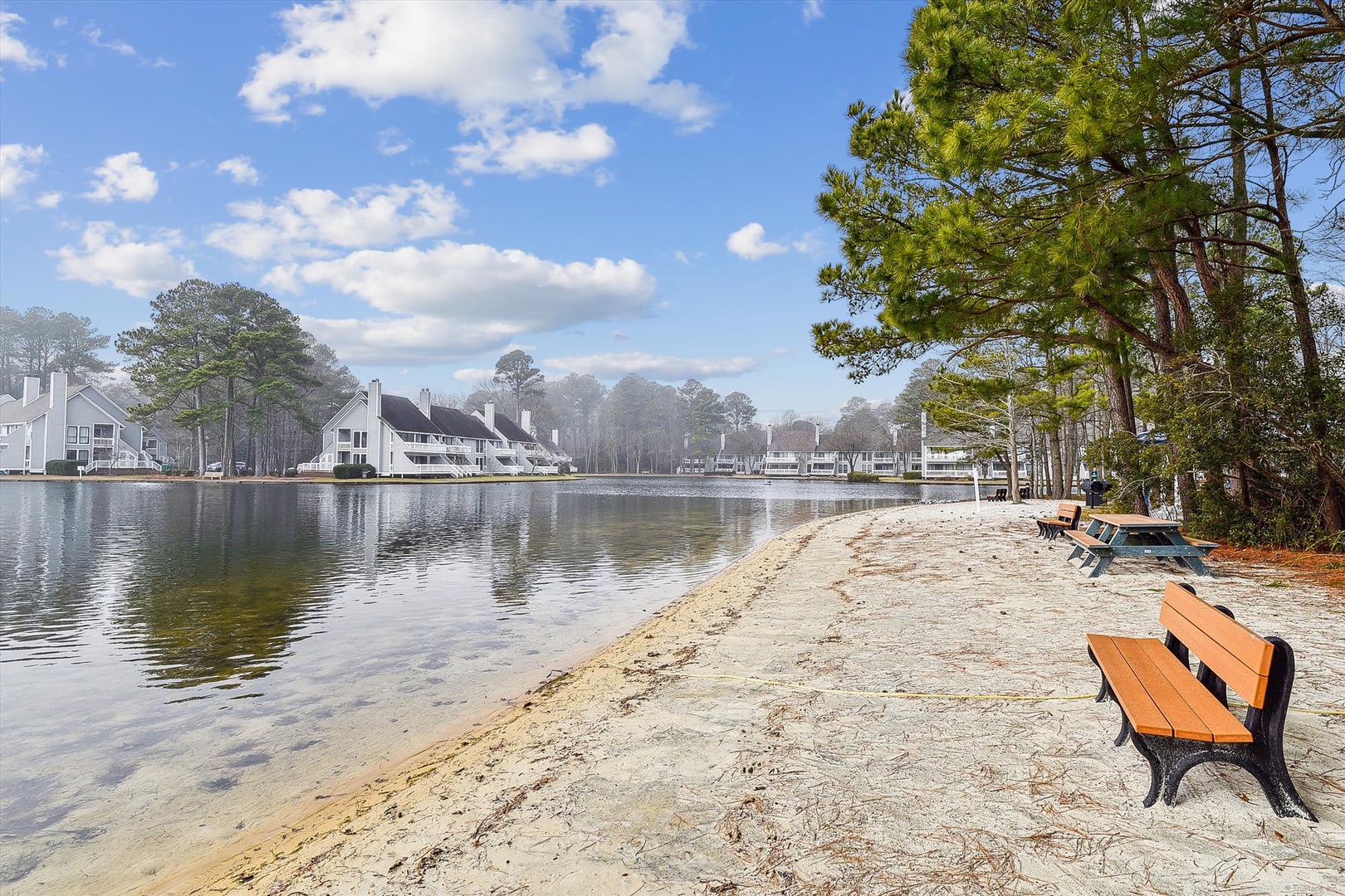 Tranquil waterfront community featuring sandy shores, lakeside benches, and peaceful residential surroundings beneath tall pines and open skies.