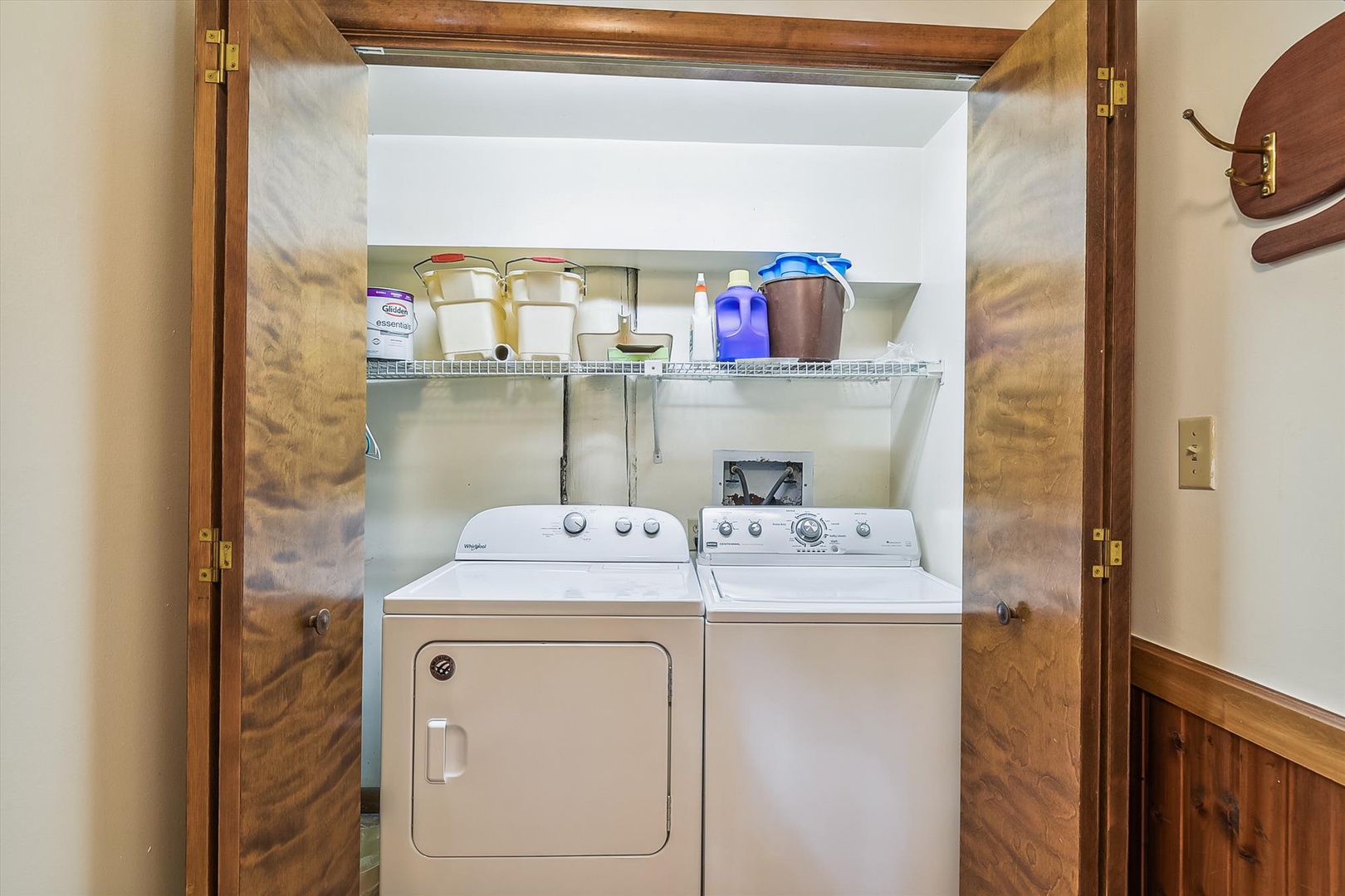 Your private laundry closet keeps everything organized with a full-size washer and dryer, plus shelf space for supplies so you can pack light and stay fresh.