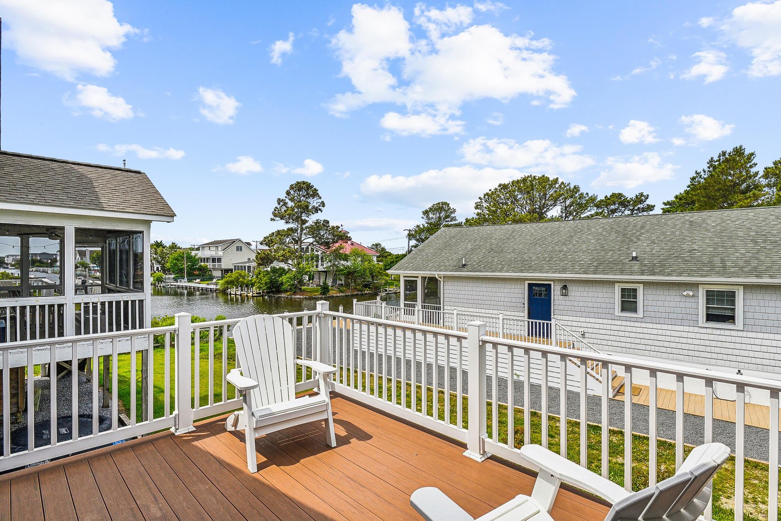 Settle into an Adirondack chair on your private deck and take in peaceful views of the canal and neighborhood—a perfect spot for morning coffee or evening relaxation.