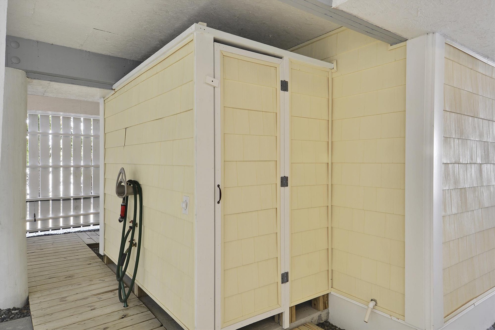 Convenient outdoor storage shed keeps your beach gear, bikes, and equipment organized and within easy reach during your stay.